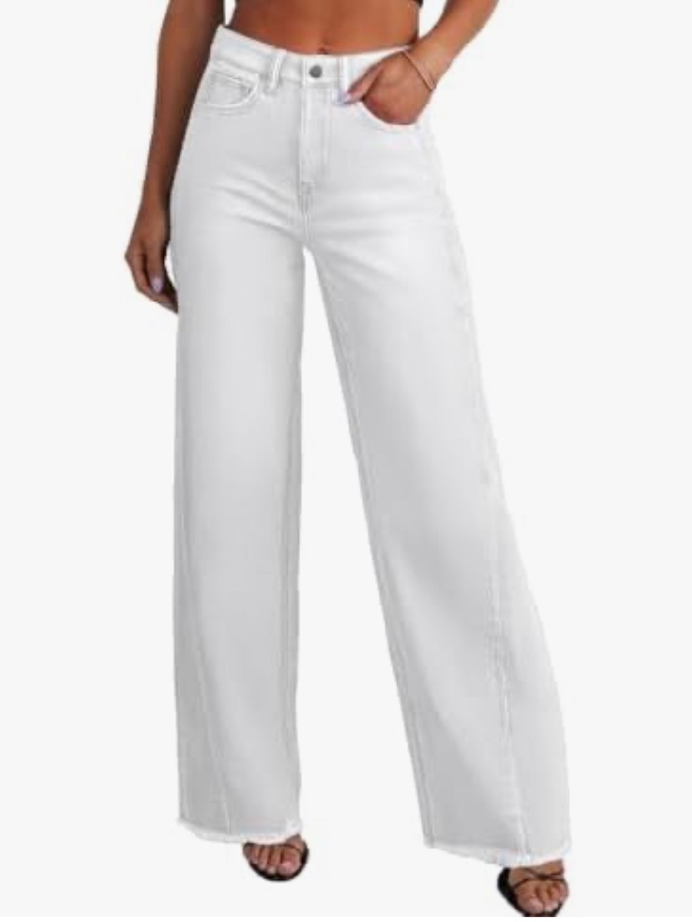Sidefeel Women White Wide Leg Jeans High Waist Stretchy Raw Hem Denim Pants Sz 6